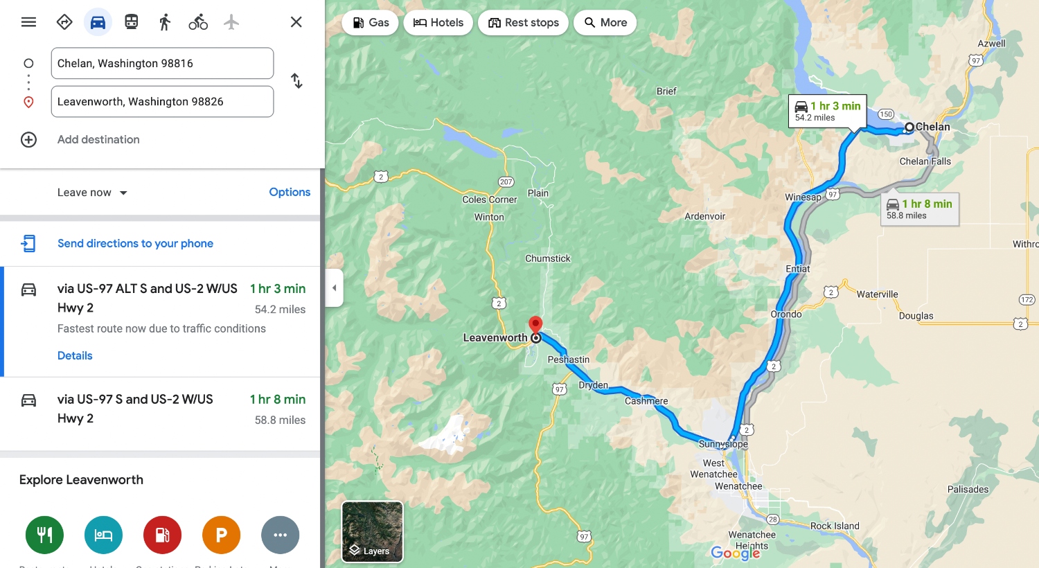 Chelan to Leavenworth Driving Map
