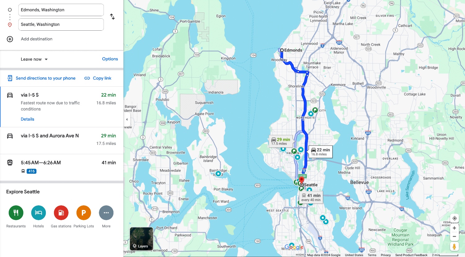 Distance From Seattle to Edmonds